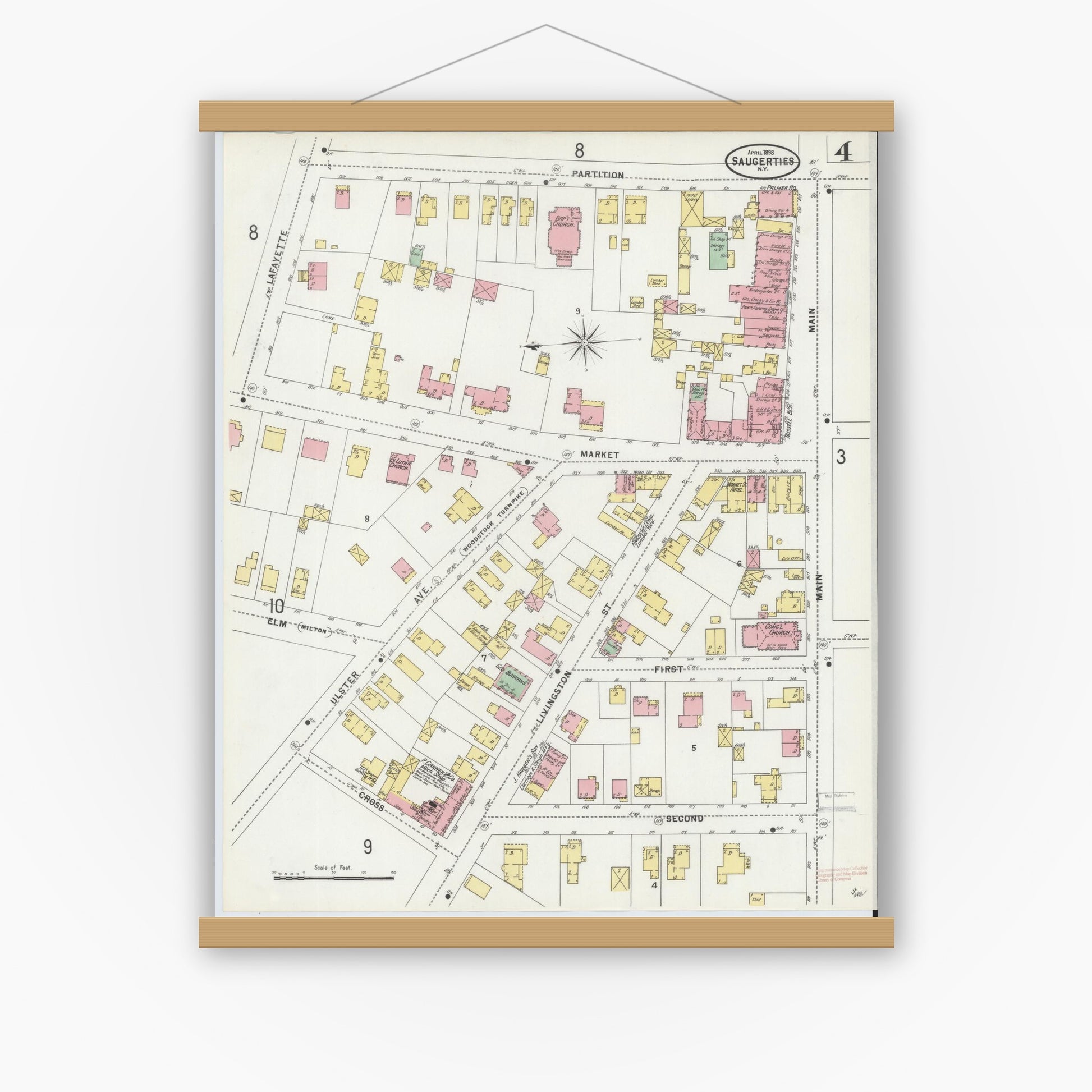 Old map wall art mockup — magnetic wood frame on white wall — Sanborn Fire Insurance Map from Saugerties, Ulster County, New York (1898), Sheet #0004