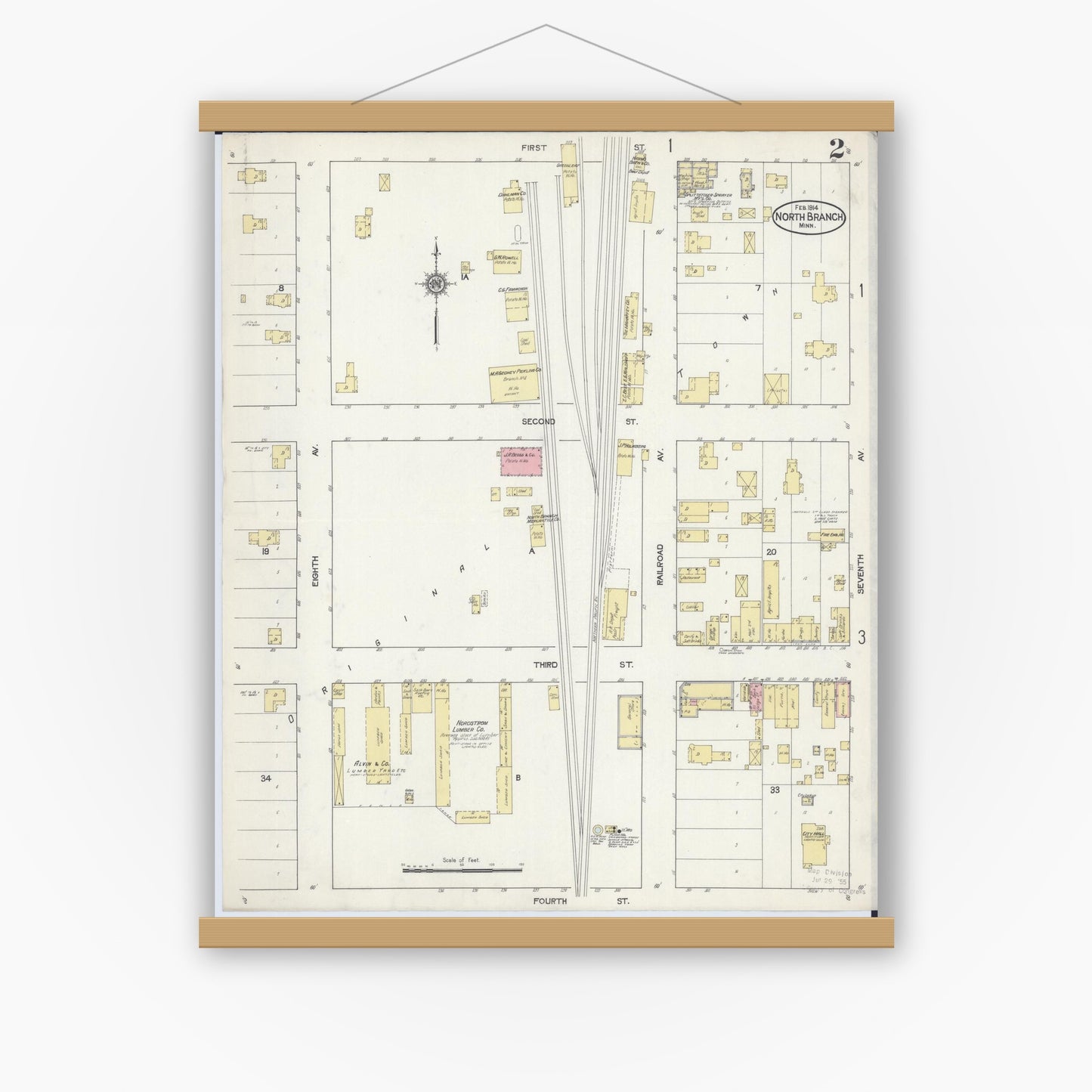 Old map wall art mockup — magnetic wood frame on white wall — Sanborn Fire Insurance Map from North Branch, Chisago County, Minnesota (1914), Sheet #0002
