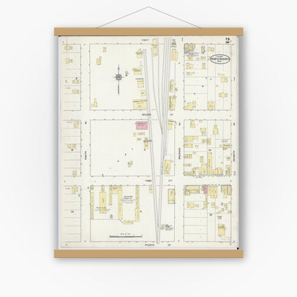Old map wall art mockup — magnetic wood frame on white wall — Sanborn Fire Insurance Map from North Branch, Chisago County, Minnesota (1914), Sheet #0002