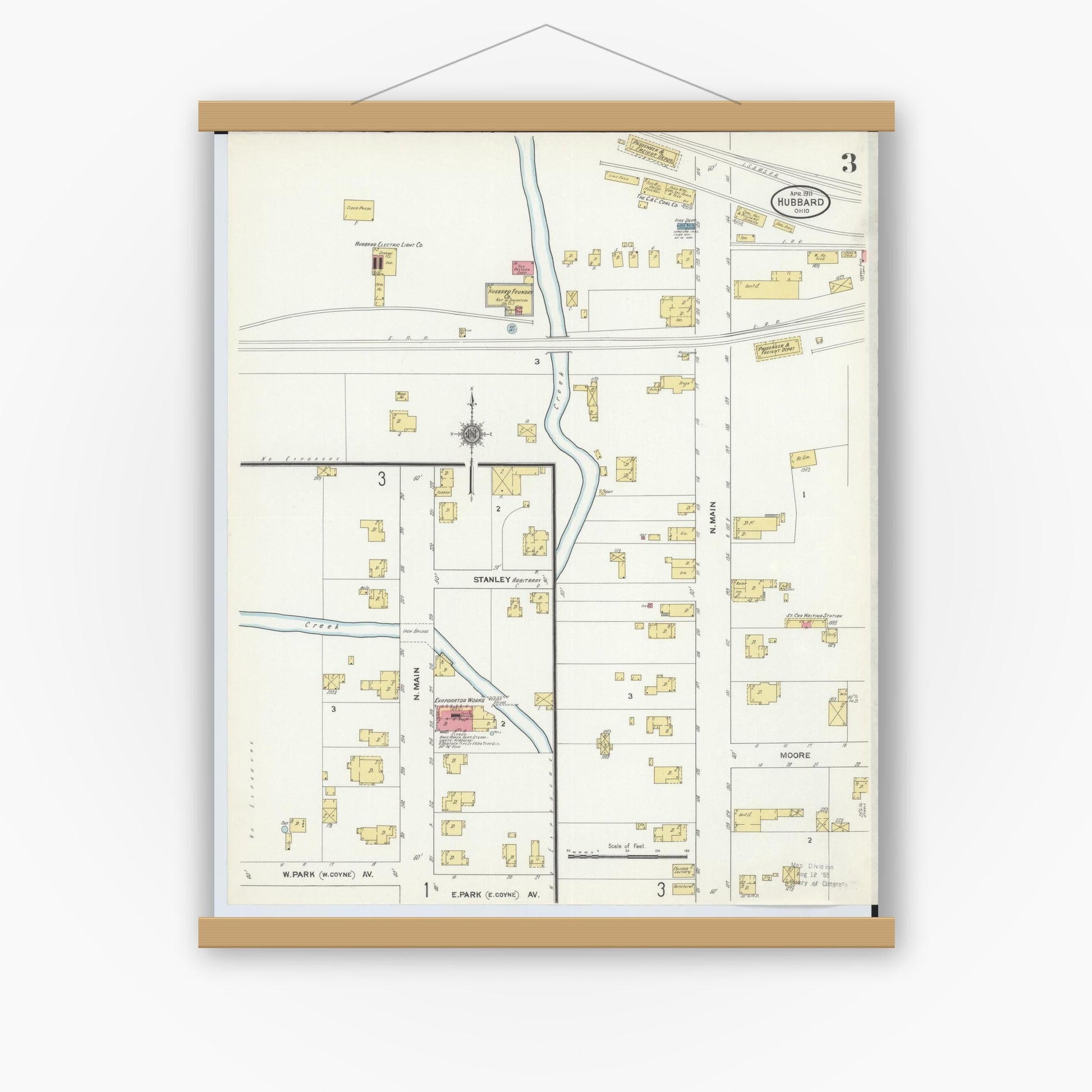 Old map wall art mockup — magnetic wood frame on white wall — Sanborn Fire Insurance Map from Hubbard, Trumbull County, Ohio (1911), Sheet #0003