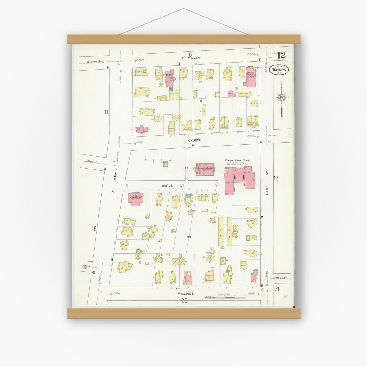 Old map wall art mockup — magnetic wood frame on white wall — Sanborn Fire Insurance Map from Newark, Wayne County, New York (1912), Sheet #0012