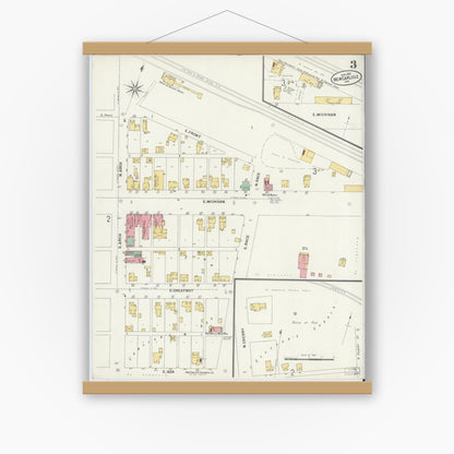 Old map wall art mockup — magnetic wood frame on white wall — Sanborn Fire Insurance Map from New Carlisle, Saint Joseph County, Indiana (1899), Sheet #0003