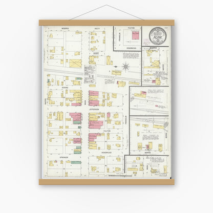 Old map wall art mockup — magnetic wood frame on white wall — Sanborn Fire Insurance Map from Berne, Adams County, Indiana (1902), Sheet #0001