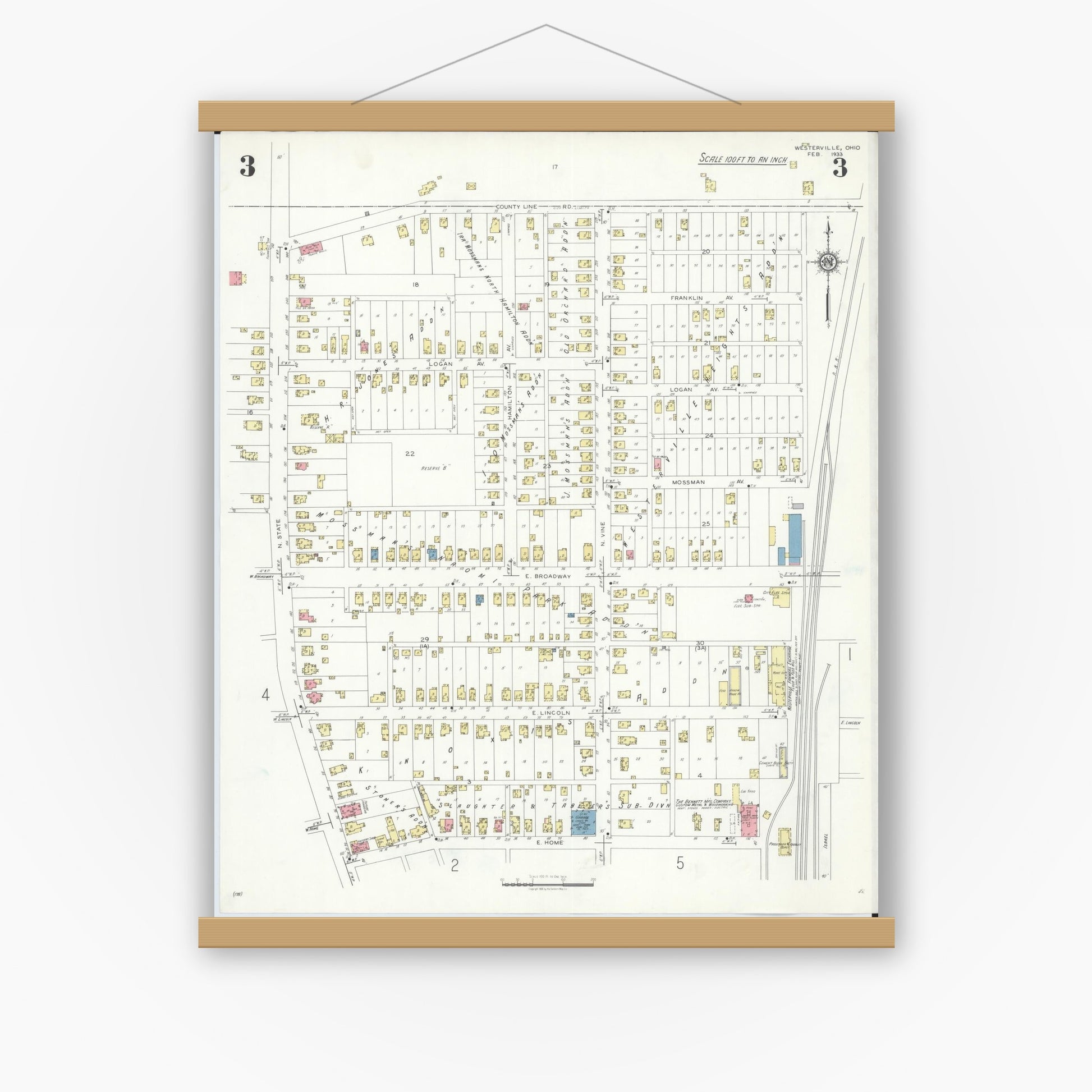 Old map wall art mockup — magnetic wood frame on white wall — Sanborn Fire Insurance Map from Westerville, Franklin County, Ohio (1933), Sheet #0003