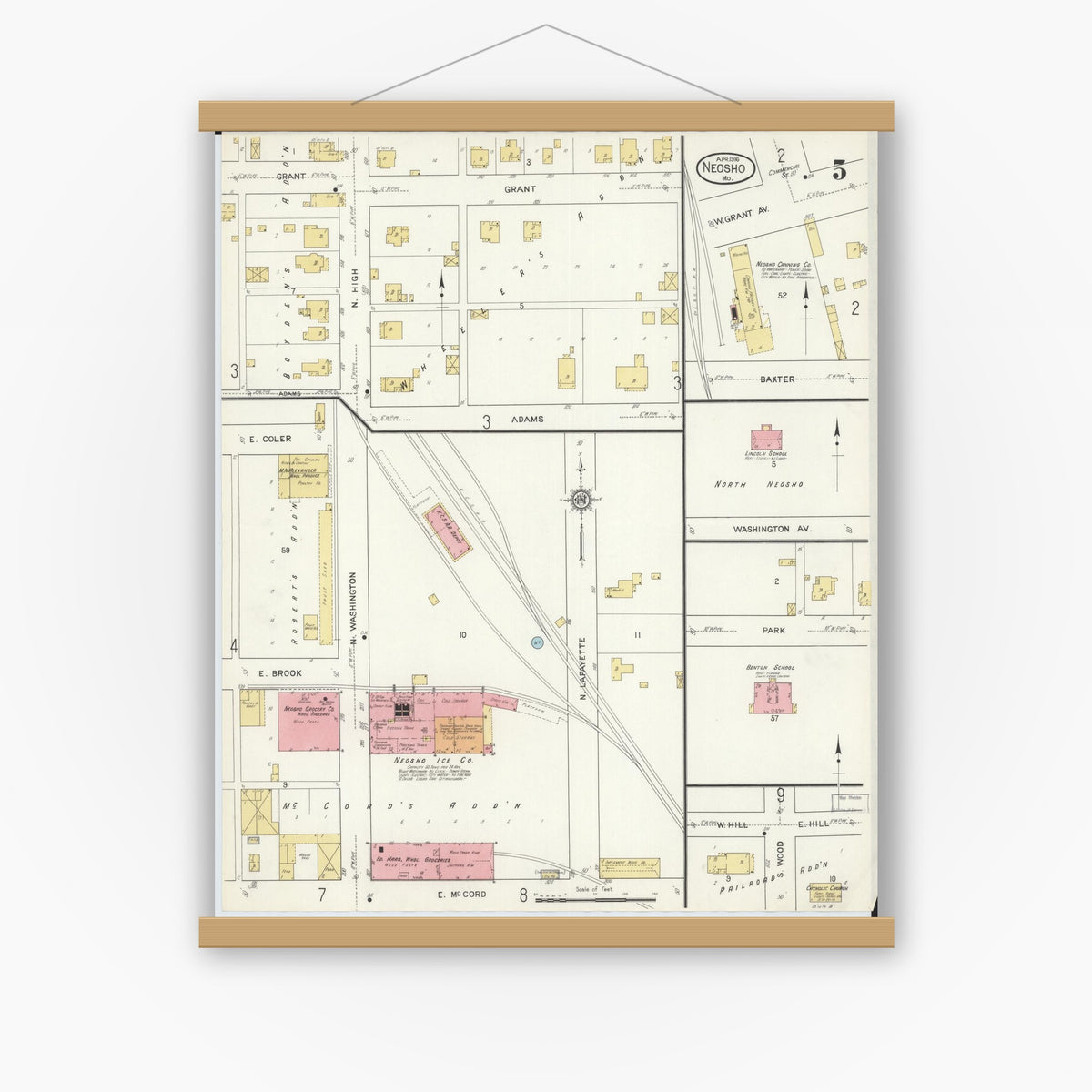 Old map wall art mockup — magnetic wood frame on white wall — Sanborn Fire Insurance Map from Neosho, Newton County, Missouri (1916), Sheet #0005