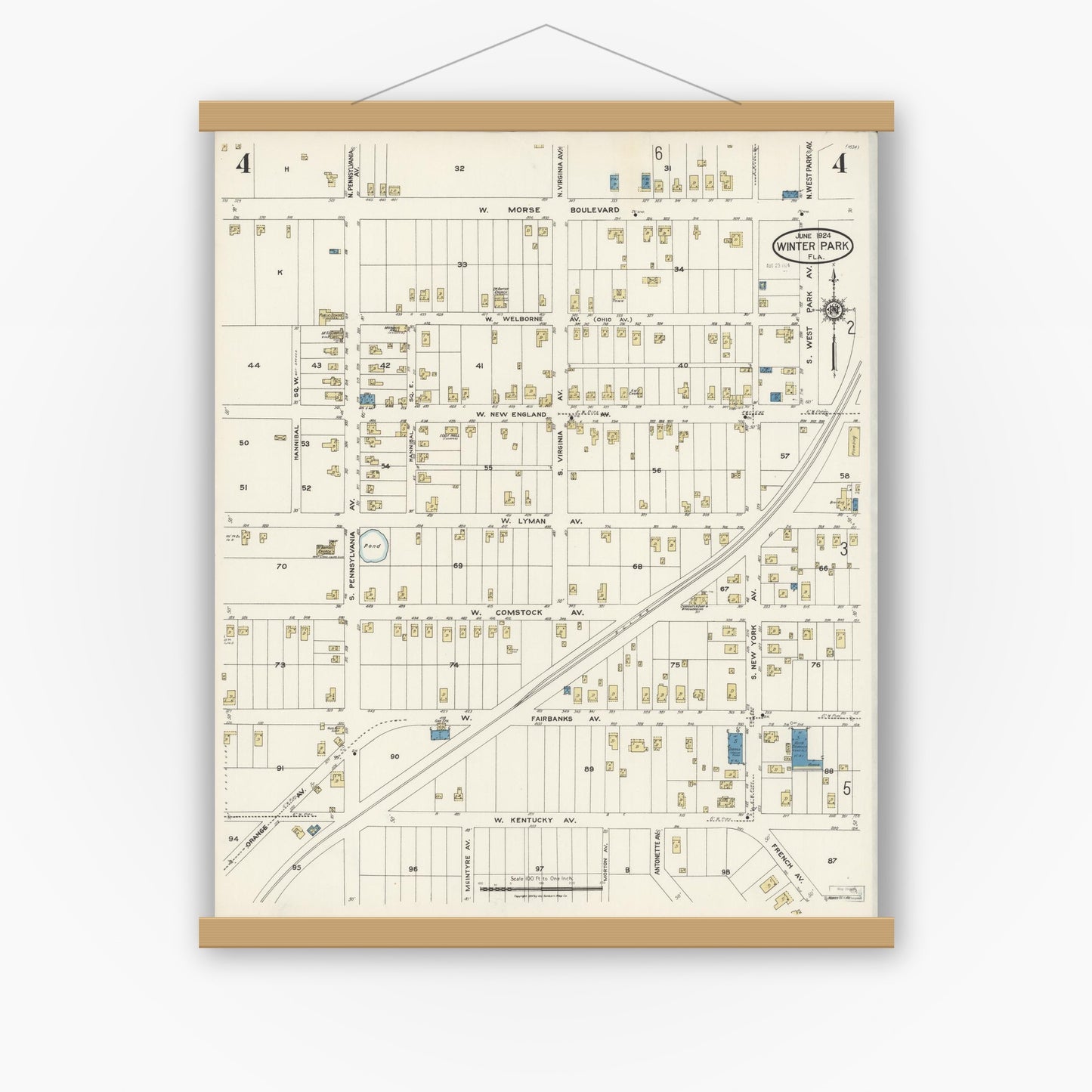 Old map wall art mockup — magnetic wood frame on white wall — Sanborn Fire Insurance Map from Winter Park, Orange County, Florida (1924), Sheet #0004