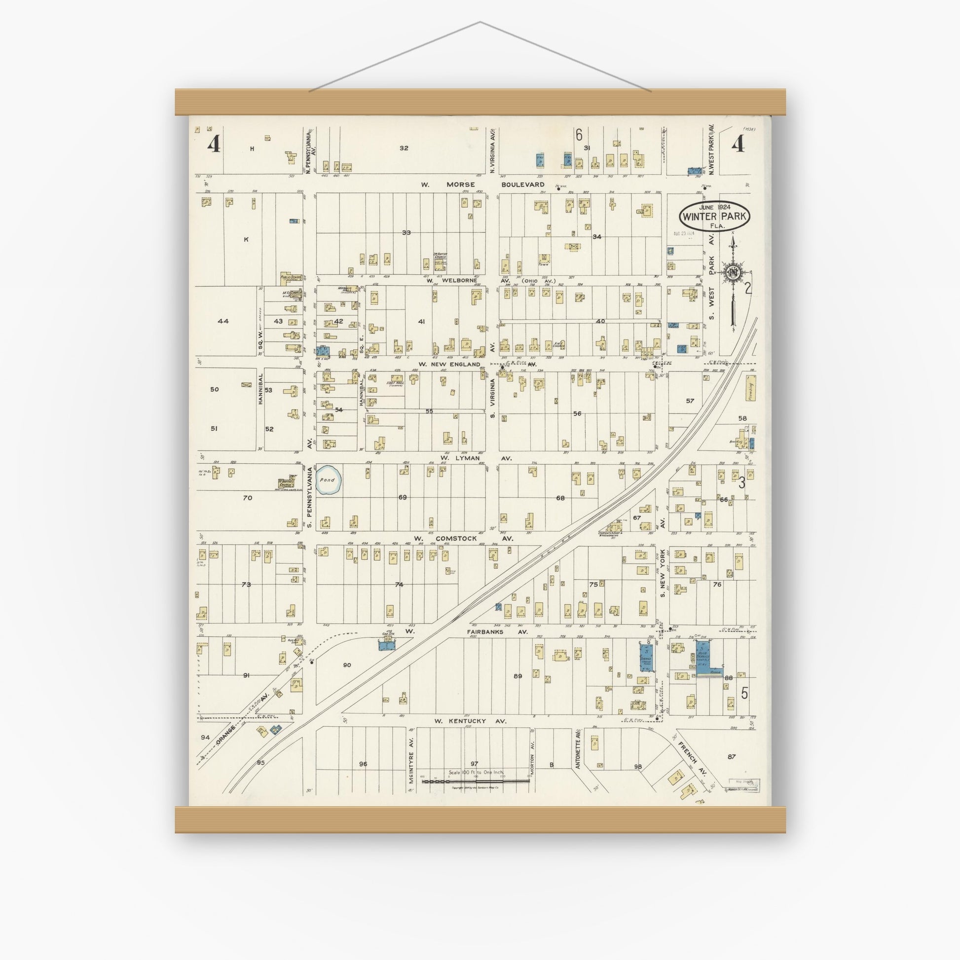 Old map wall art mockup — magnetic wood frame on white wall — Sanborn Fire Insurance Map from Winter Park, Orange County, Florida (1924), Sheet #0004