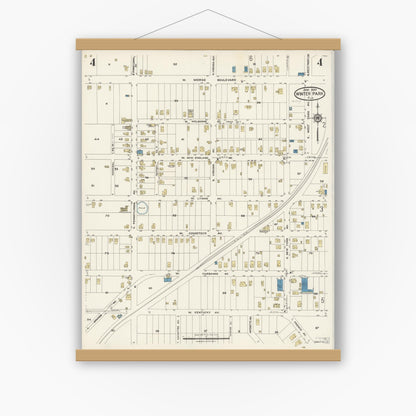 Old map wall art mockup — magnetic wood frame on white wall — Sanborn Fire Insurance Map from Winter Park, Orange County, Florida (1924), Sheet #0004