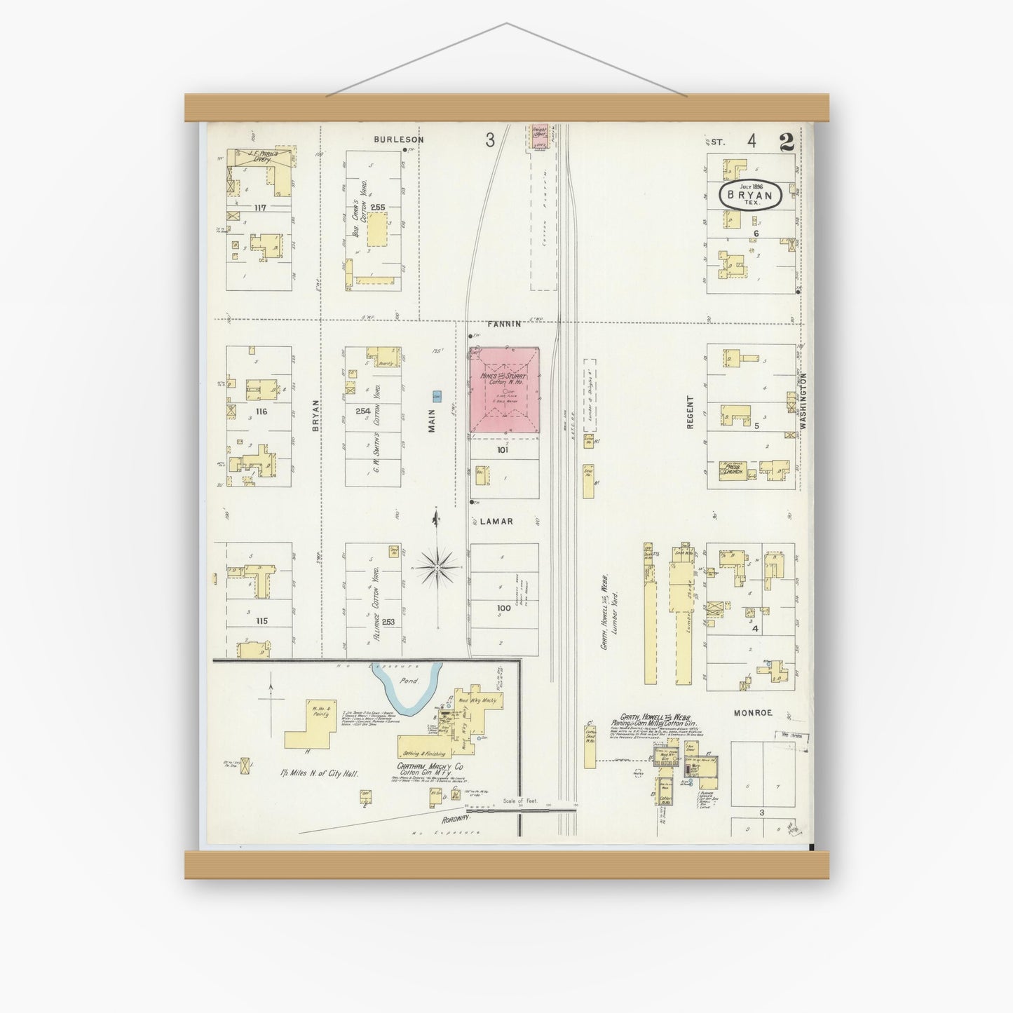 Old map wall art mockup — magnetic wood frame on white wall — Sanborn Fire Insurance Map from Bryan, Brazos County, Texas (1896), Sheet #0002