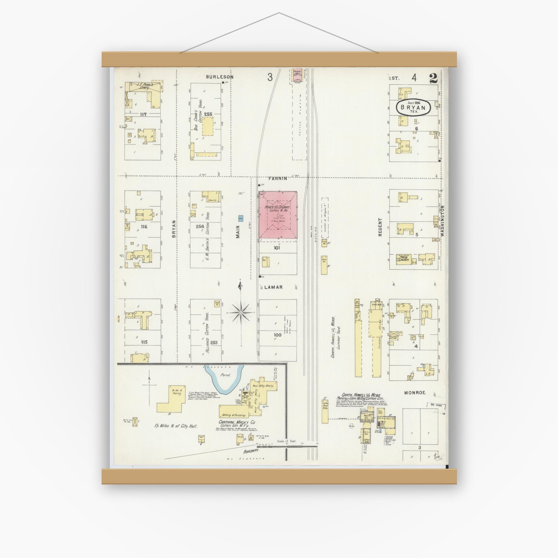 Old map wall art mockup — magnetic wood frame on white wall — Sanborn Fire Insurance Map from Bryan, Brazos County, Texas (1896), Sheet #0002