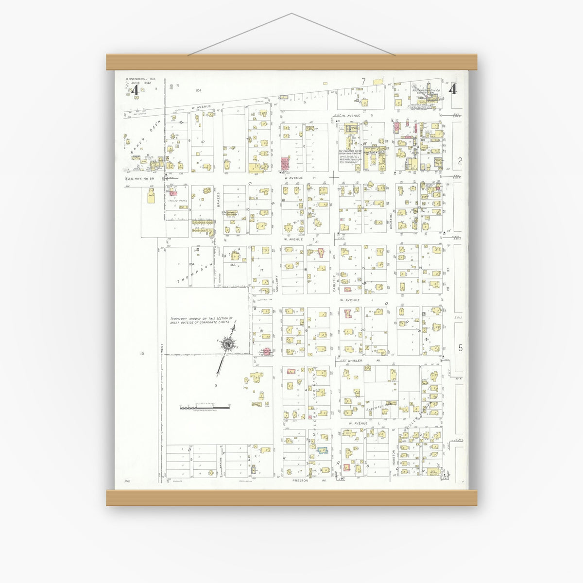 Old map wall art mockup — magnetic wood frame on white wall — Sanborn Fire Insurance Map from Rosenberg, Fort Bend County, Texas (1942), Sheet #0004