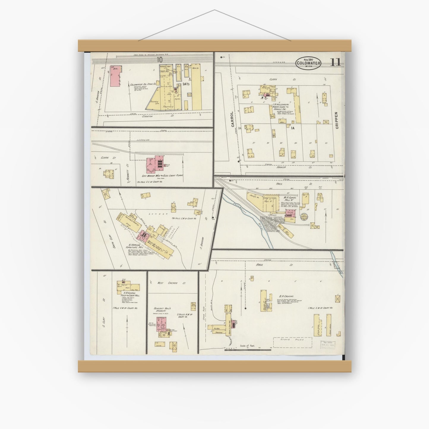 Old map wall art mockup — magnetic wood frame on white wall — Sanborn Fire Insurance Map from Coldwater, Branch County, Michigan (1897), Sheet #0011
