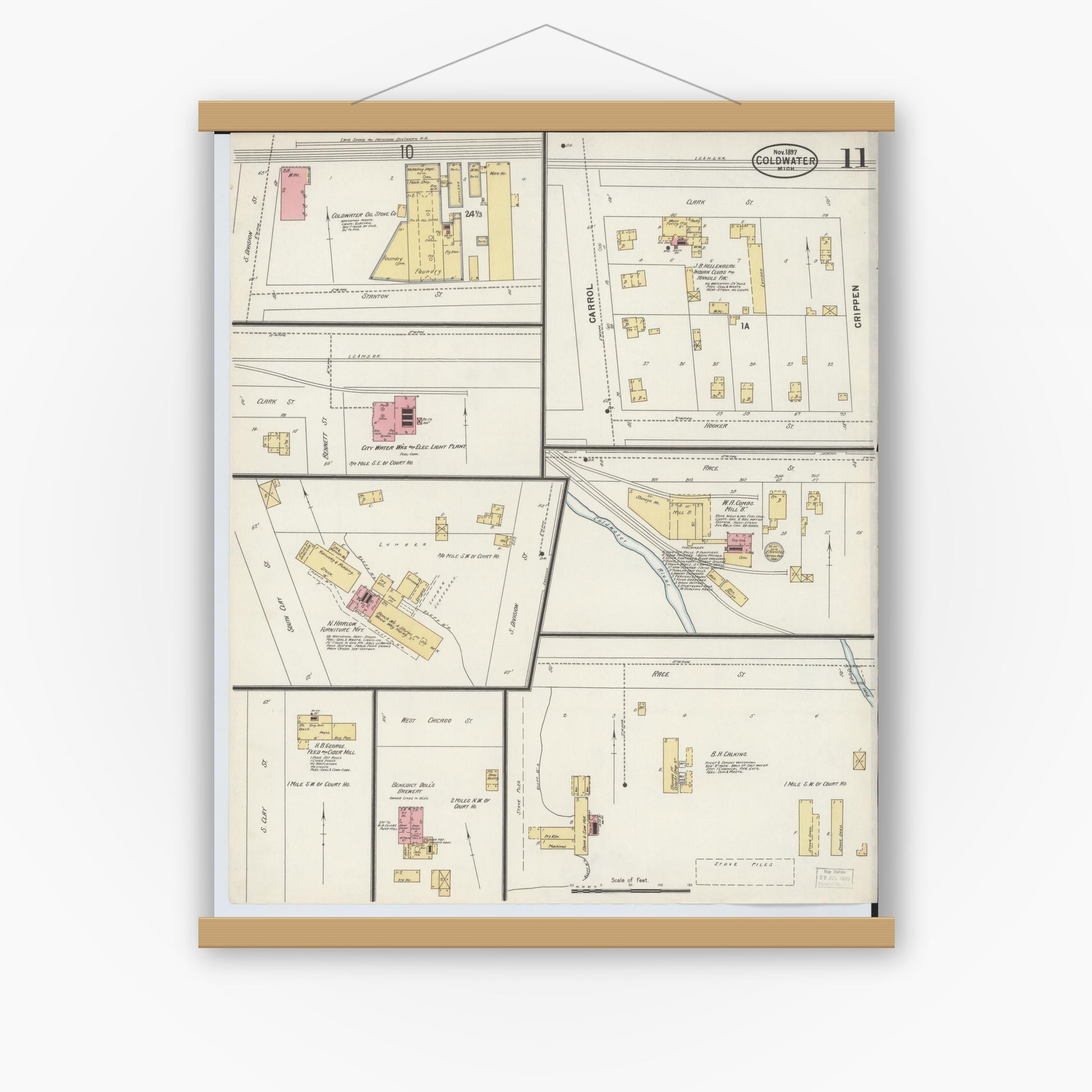 Old map wall art mockup — magnetic wood frame on white wall — Sanborn Fire Insurance Map from Coldwater, Branch County, Michigan (1897), Sheet #0011