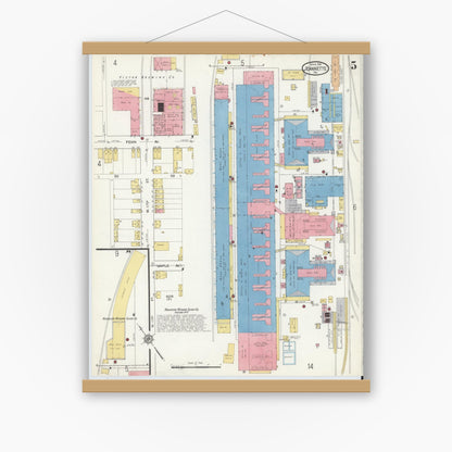 Old map wall art mockup — magnetic wood frame on white wall — Sanborn Fire Insurance Map from Jeannette, Westmoreland County, Pennsylvania (1916), Sheet #0005