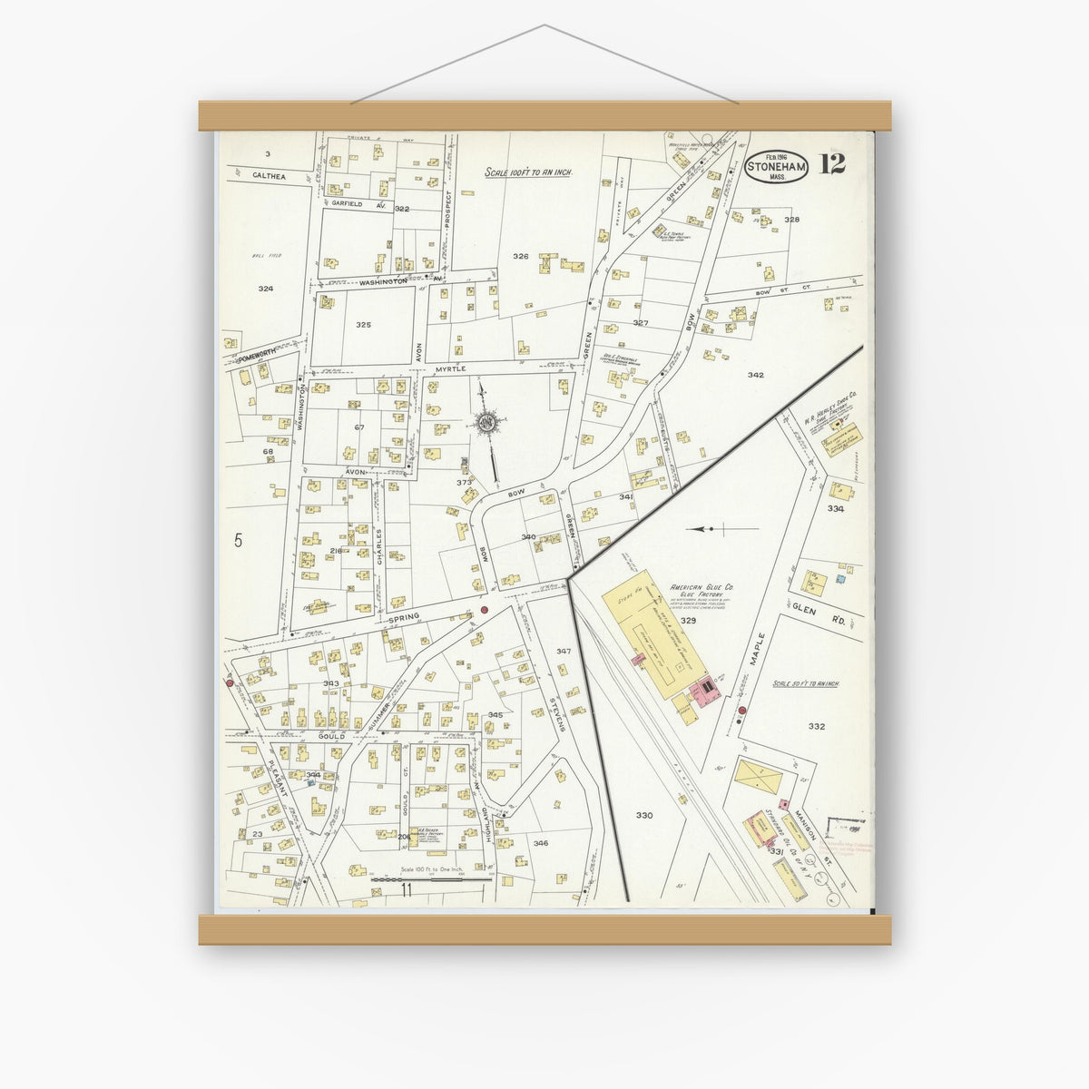 Old map wall art mockup — magnetic wood frame on white wall — Sanborn Fire Insurance Map from Stoneham, Middlesex County, Massachusetts (1916), Sheet #0012