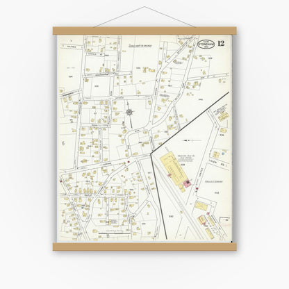 Old map wall art mockup — magnetic wood frame on white wall — Sanborn Fire Insurance Map from Stoneham, Middlesex County, Massachusetts (1916), Sheet #0012