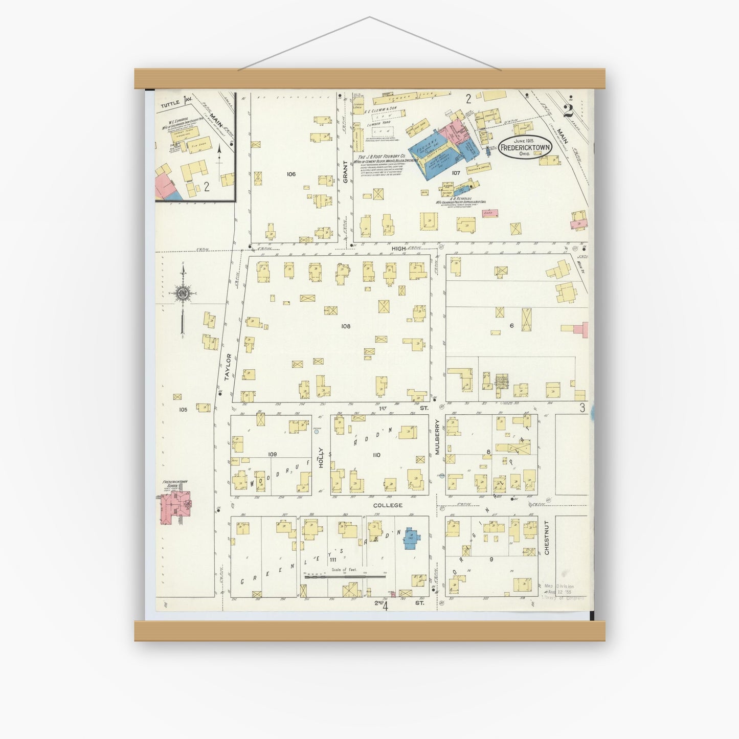 Old map wall art mockup — magnetic wood frame on white wall — Sanborn Fire Insurance Map from Fredericktown, Knox County, Ohio (1915), Sheet #0002