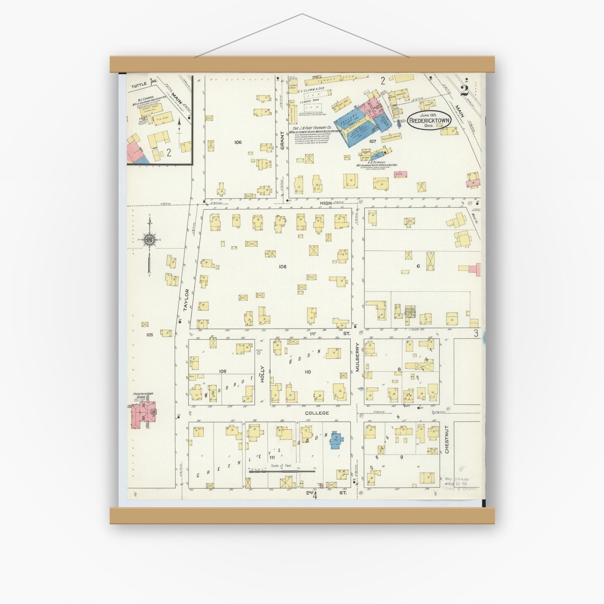 Old map wall art mockup — magnetic wood frame on white wall — Sanborn Fire Insurance Map from Fredericktown, Knox County, Ohio (1915), Sheet #0002