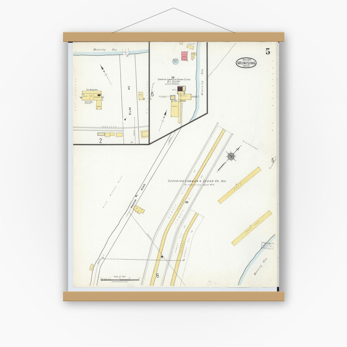 Old map wall art mockup — magnetic wood frame on white wall — Sanborn Fire Insurance Map from Munising, Alger County, Michigan (1917), Sheet #0005