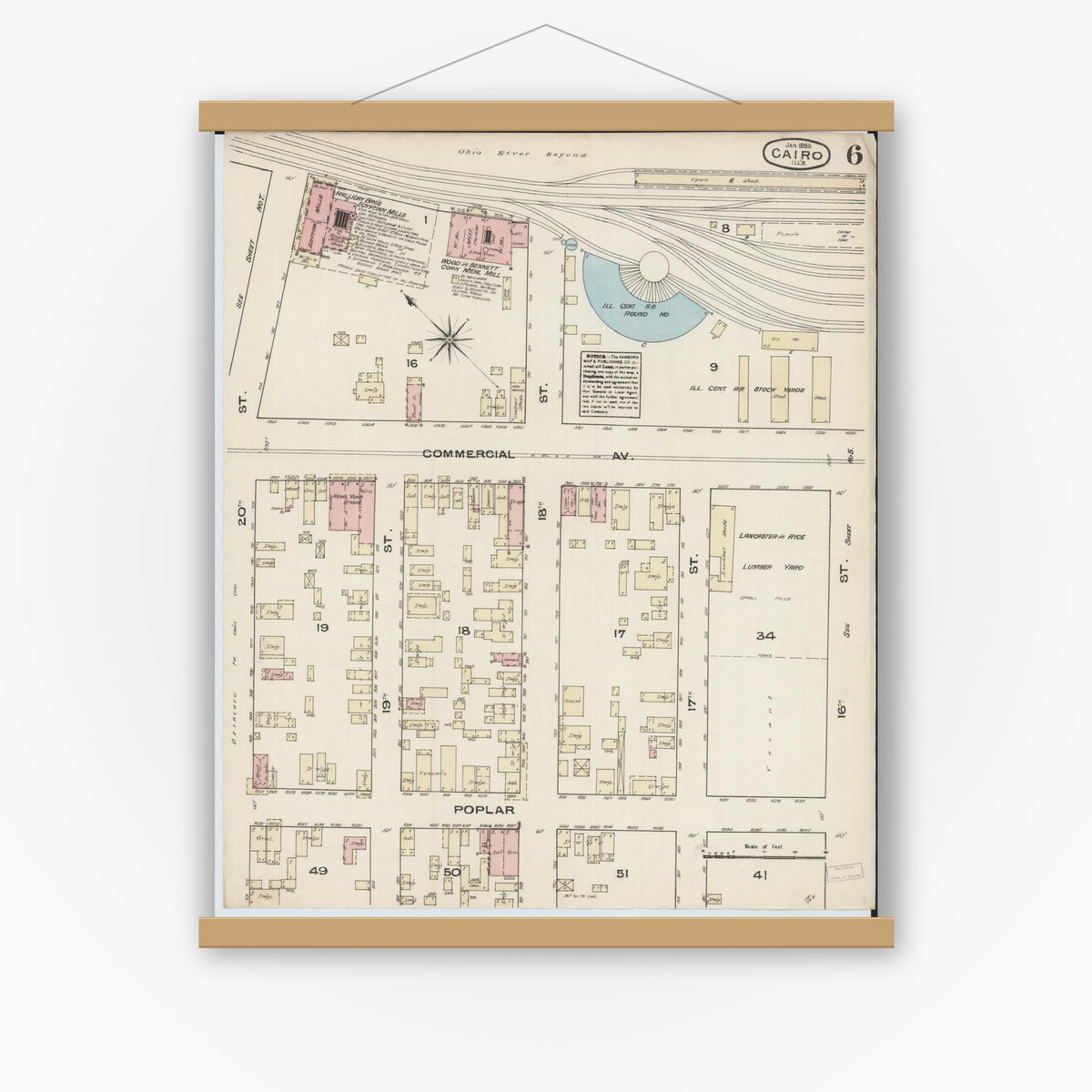 Old map wall art mockup — magnetic wood frame on white wall — Sanborn Fire Insurance Map from Cairo, Alexander County, Illinois (1885), Sheet #0006