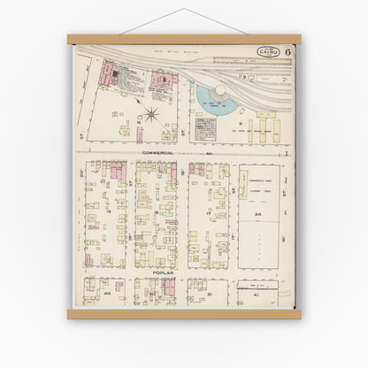 Old map wall art mockup — magnetic wood frame on white wall — Sanborn Fire Insurance Map from Cairo, Alexander County, Illinois (1885), Sheet #0006