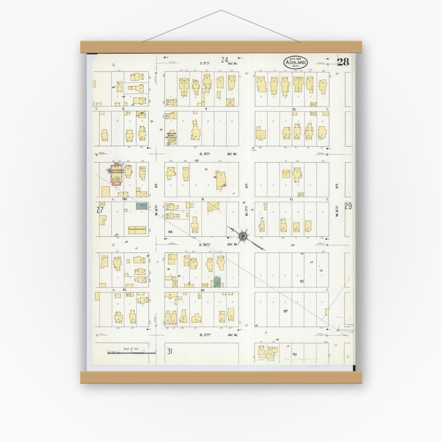 Old map wall art mockup — magnetic wood frame on white wall — Sanborn Fire Insurance Map from Ashland, Ashland County, Wisconsin (1909), Sheet #0028