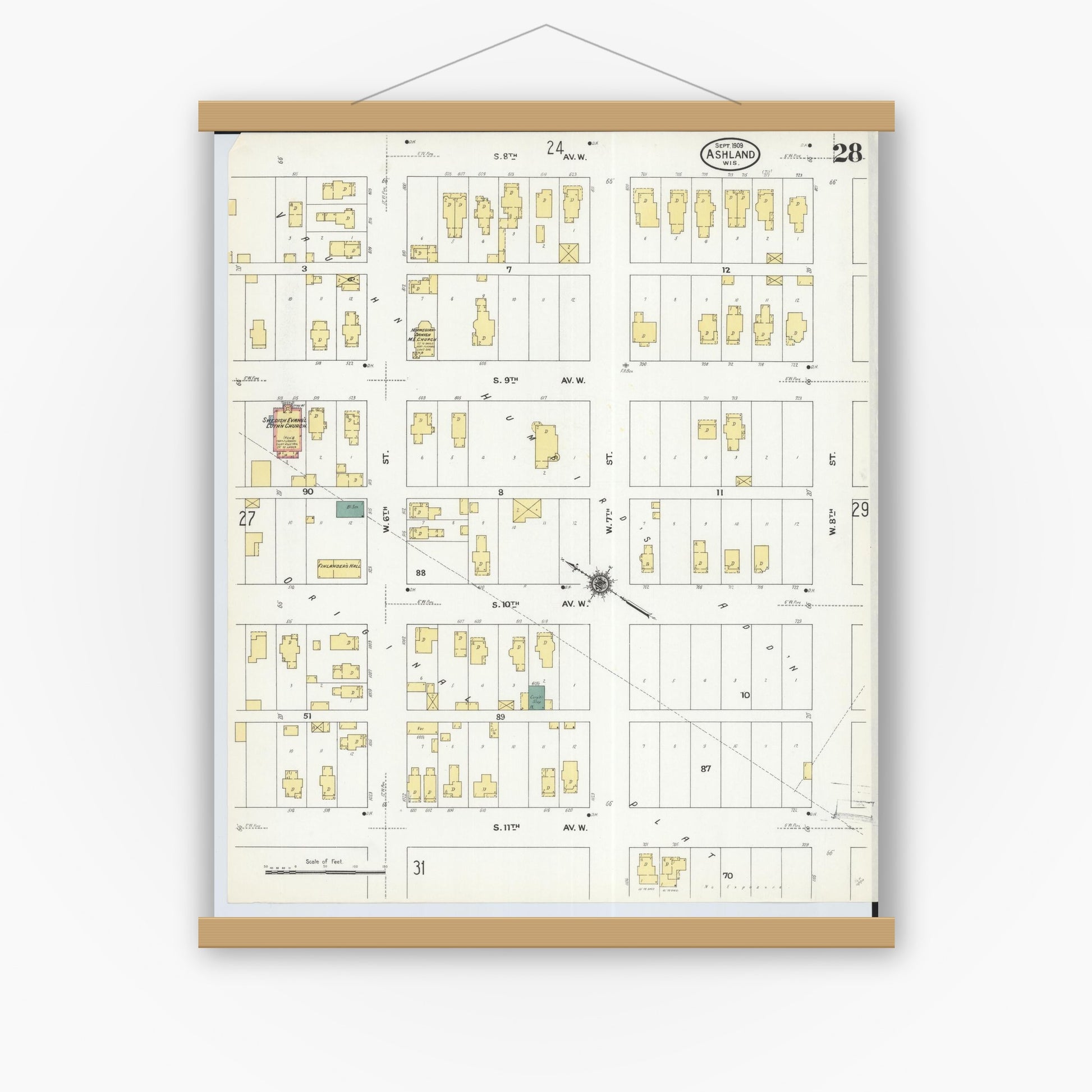 Old map wall art mockup — magnetic wood frame on white wall — Sanborn Fire Insurance Map from Ashland, Ashland County, Wisconsin (1909), Sheet #0028