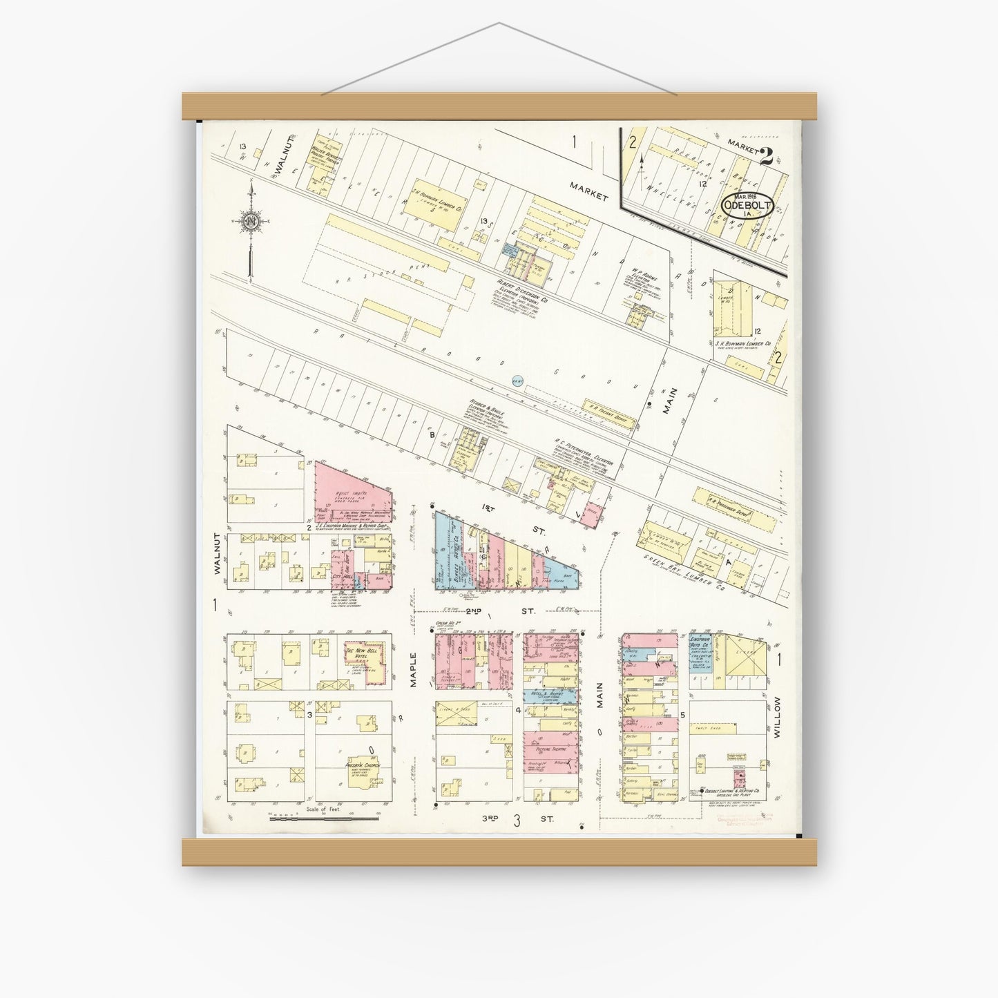 Old map wall art mockup — magnetic wood frame on white wall — Sanborn Fire Insurance Map from Odebolt, Sac County, Iowa (1915), Sheet #0002