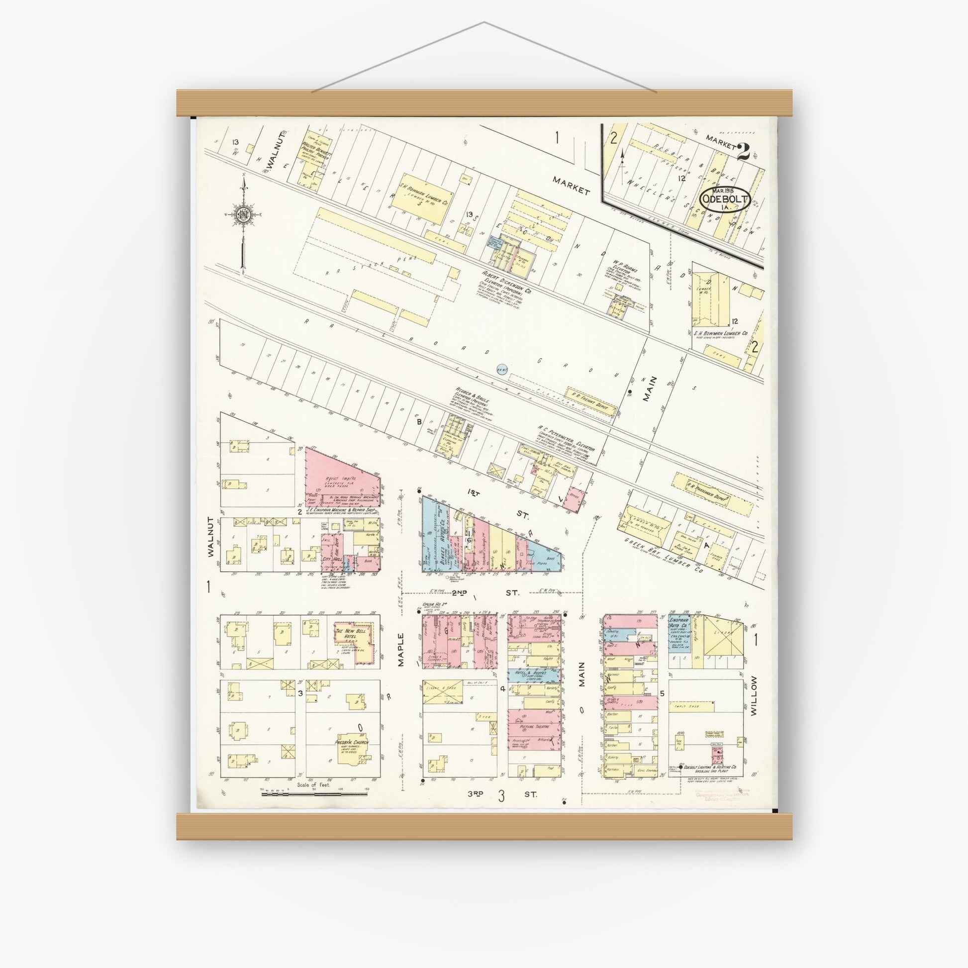 Old map wall art mockup — magnetic wood frame on white wall — Sanborn Fire Insurance Map from Odebolt, Sac County, Iowa (1915), Sheet #0002