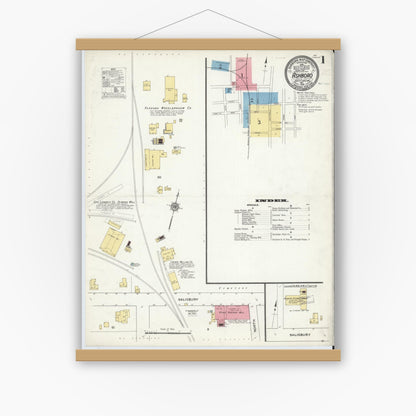 Old map wall art mockup — magnetic wood frame on white wall — Sanborn Fire Insurance Map from Asheboro, Randolph County, North Carolina (1910) - Complete Map Set