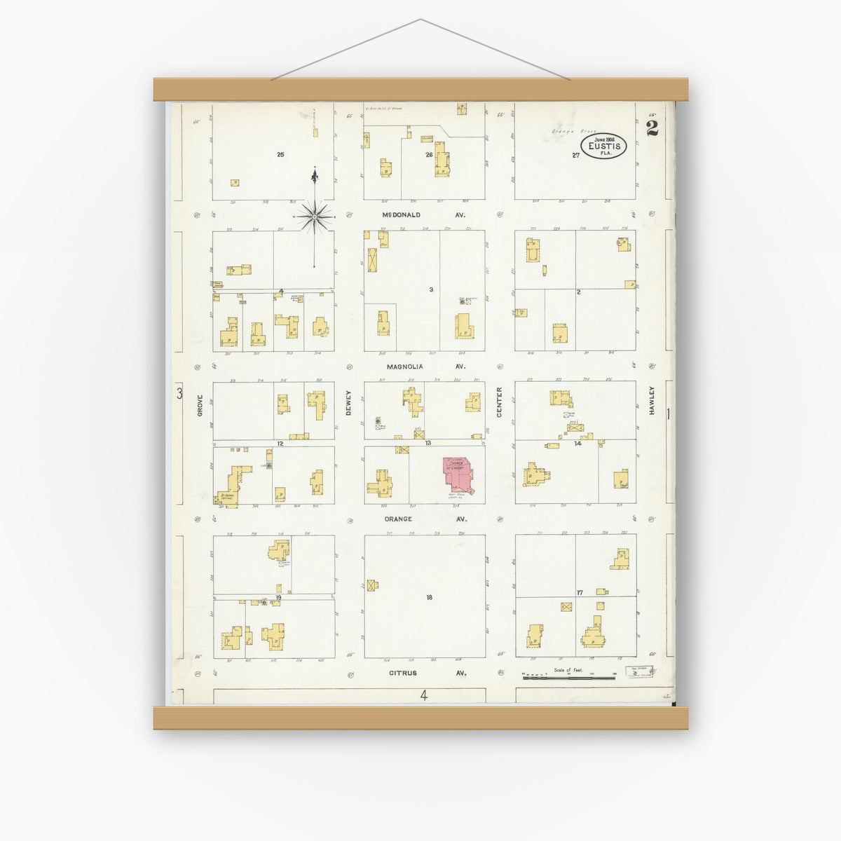 Old map wall art mockup — magnetic wood frame on white wall — Sanborn Fire Insurance Map from Eustis, Lake County, Florida (1906), Sheet #0002