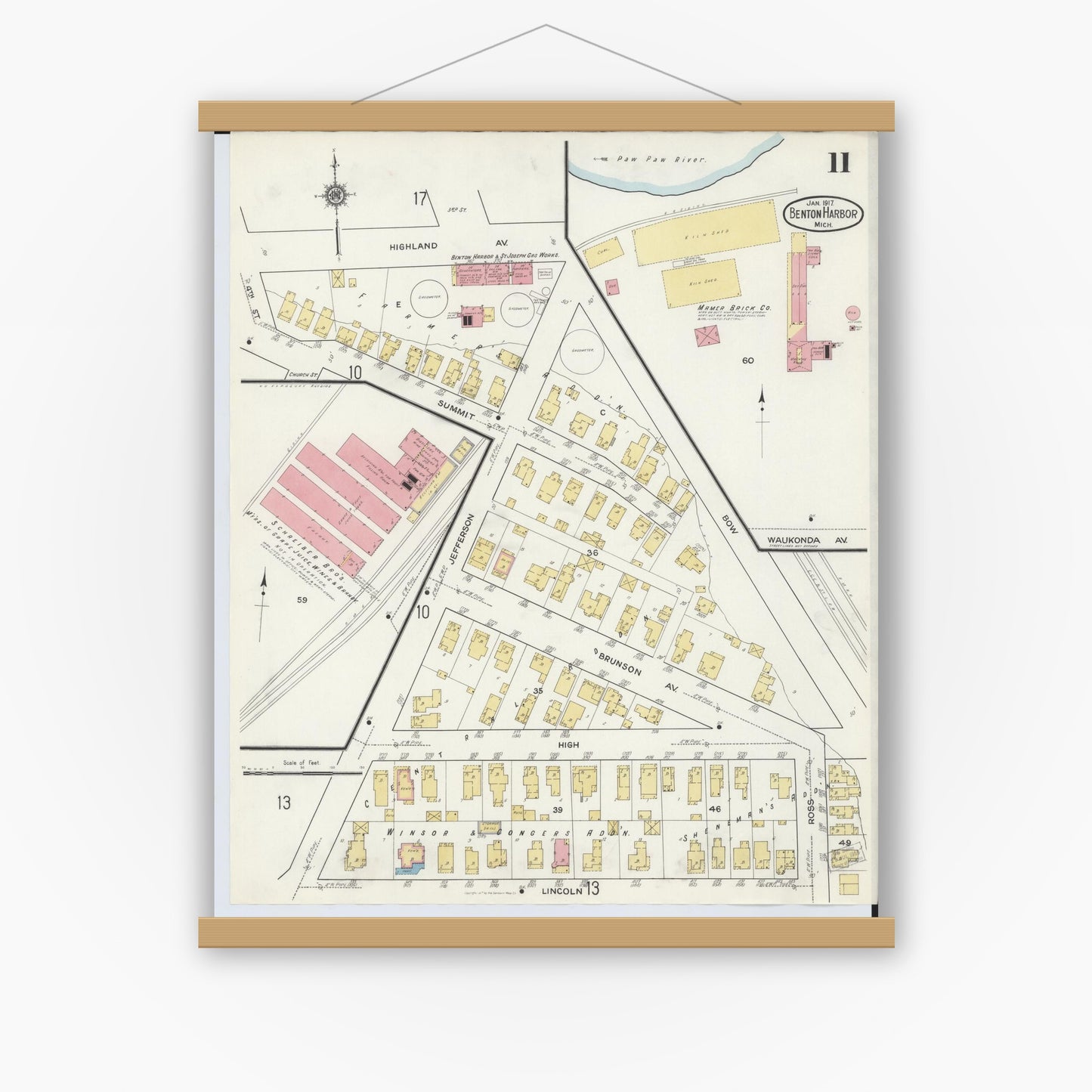 Old map wall art mockup — magnetic wood frame on white wall — Sanborn Fire Insurance Map from Benton Harbor, Berrien County, Michigan (1917), Sheet #0011