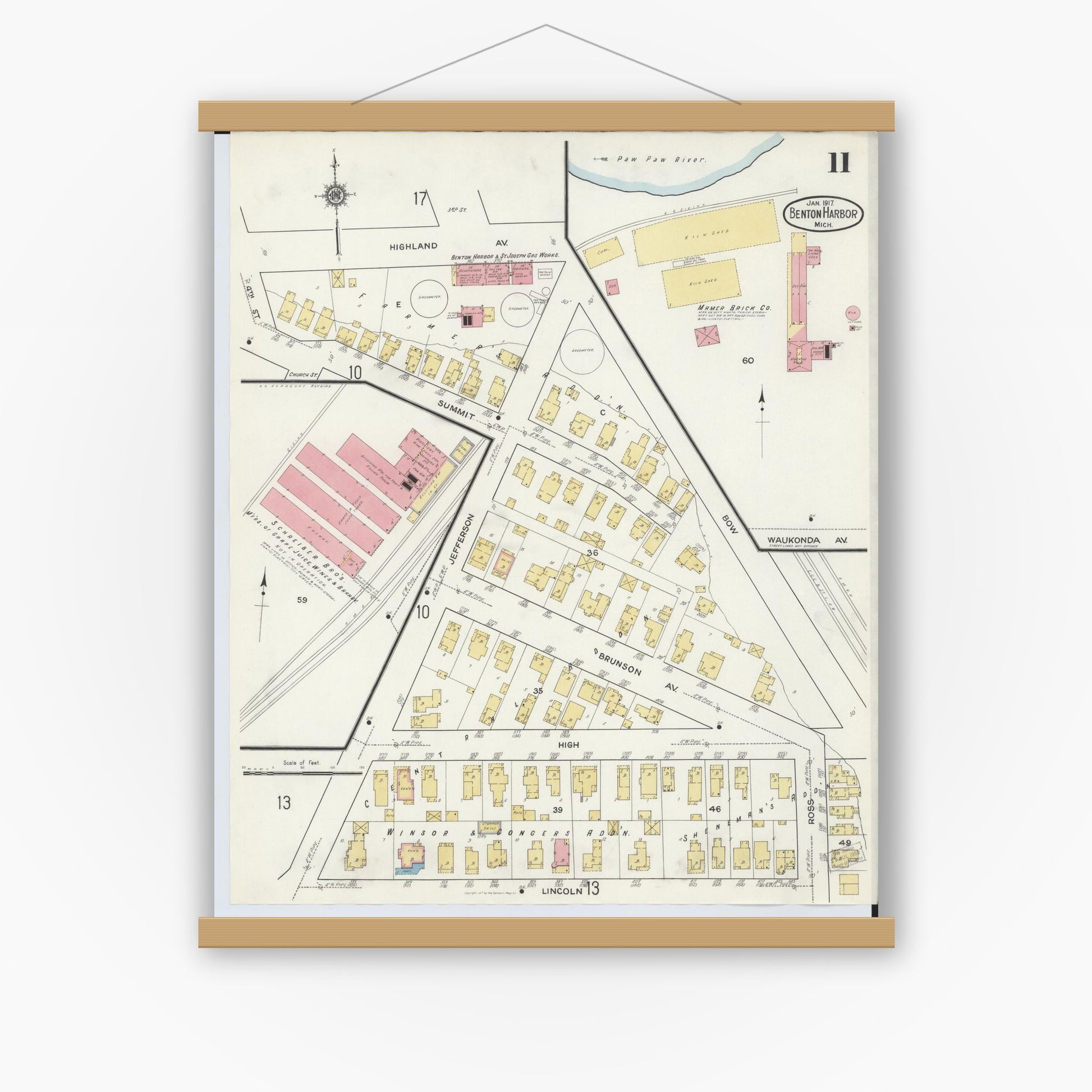 Old map wall art mockup — magnetic wood frame on white wall — Sanborn Fire Insurance Map from Benton Harbor, Berrien County, Michigan (1917), Sheet #0011