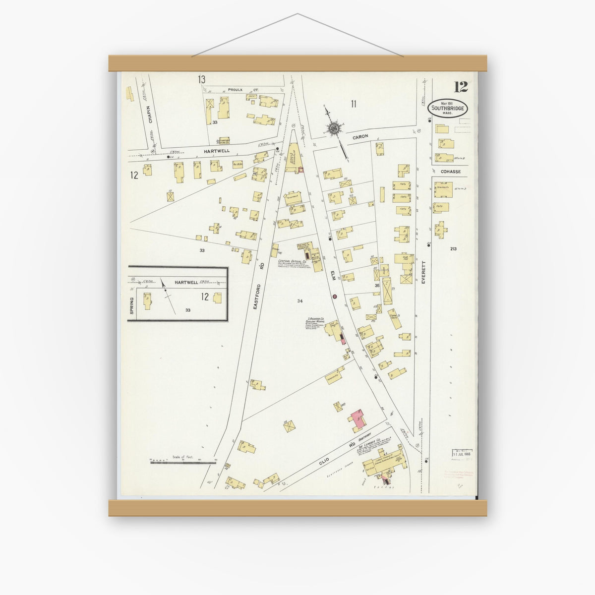 Old map wall art mockup — magnetic wood frame on white wall — Sanborn Fire Insurance Map from Southbridge, Worcester County, Massachusetts (1911), Sheet #0012