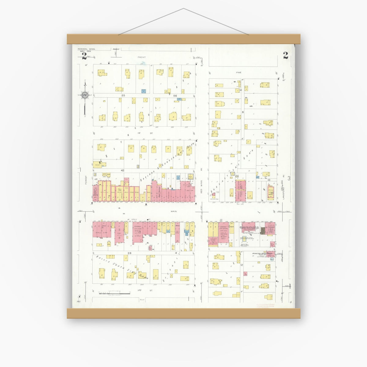 Old map wall art mockup — magnetic wood frame on white wall — Sanborn Fire Insurance Map from Kenyon, Goodhue County, Minnesota (1933), Sheet #0002