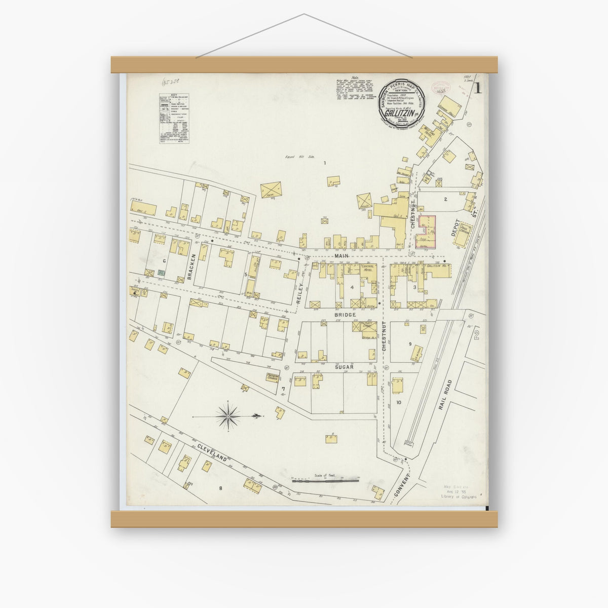 Old map wall art mockup — magnetic wood frame on white wall — Sanborn Fire Insurance Map from Gallitzin, Cambria County, Pennsylvania (1895) - Complete Map Set