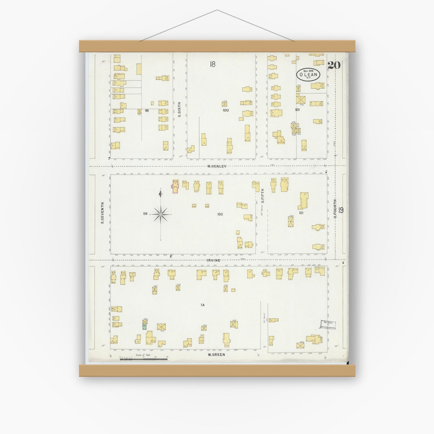 Old map wall art mockup — magnetic wood frame on white wall — Sanborn Fire Insurance Map from Olean, Cattaraugus County, New York (1898), Sheet #0020