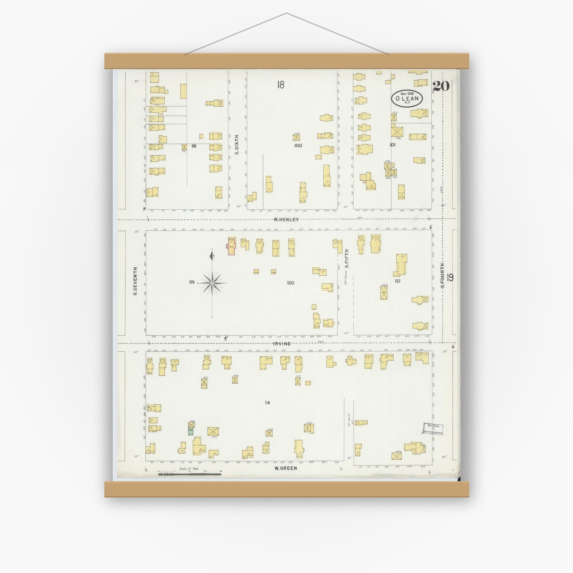 Old map wall art mockup — magnetic wood frame on white wall — Sanborn Fire Insurance Map from Olean, Cattaraugus County, New York (1898), Sheet #0020