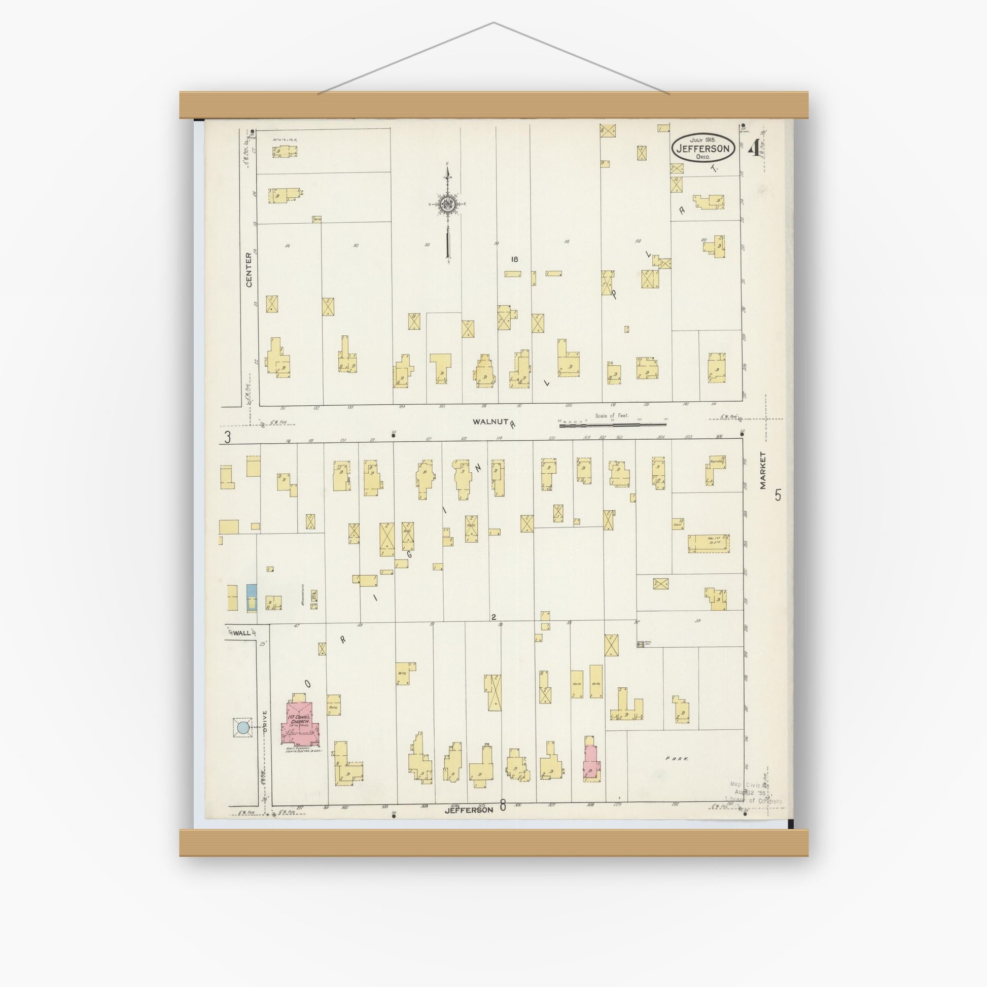 Old map wall art mockup — magnetic wood frame on white wall — Sanborn Fire Insurance Map from Jefferson, Ashtabula County, Ohio (1915), Sheet #0004
