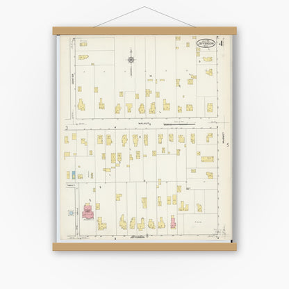 Old map wall art mockup — magnetic wood frame on white wall — Sanborn Fire Insurance Map from Jefferson, Ashtabula County, Ohio (1915), Sheet #0004