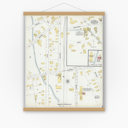 Old map wall art mockup — magnetic wood frame on white wall — Sanborn Fire Insurance Map from Holliston, Middlesex County, Massachusetts (1901), Sheet #0004
