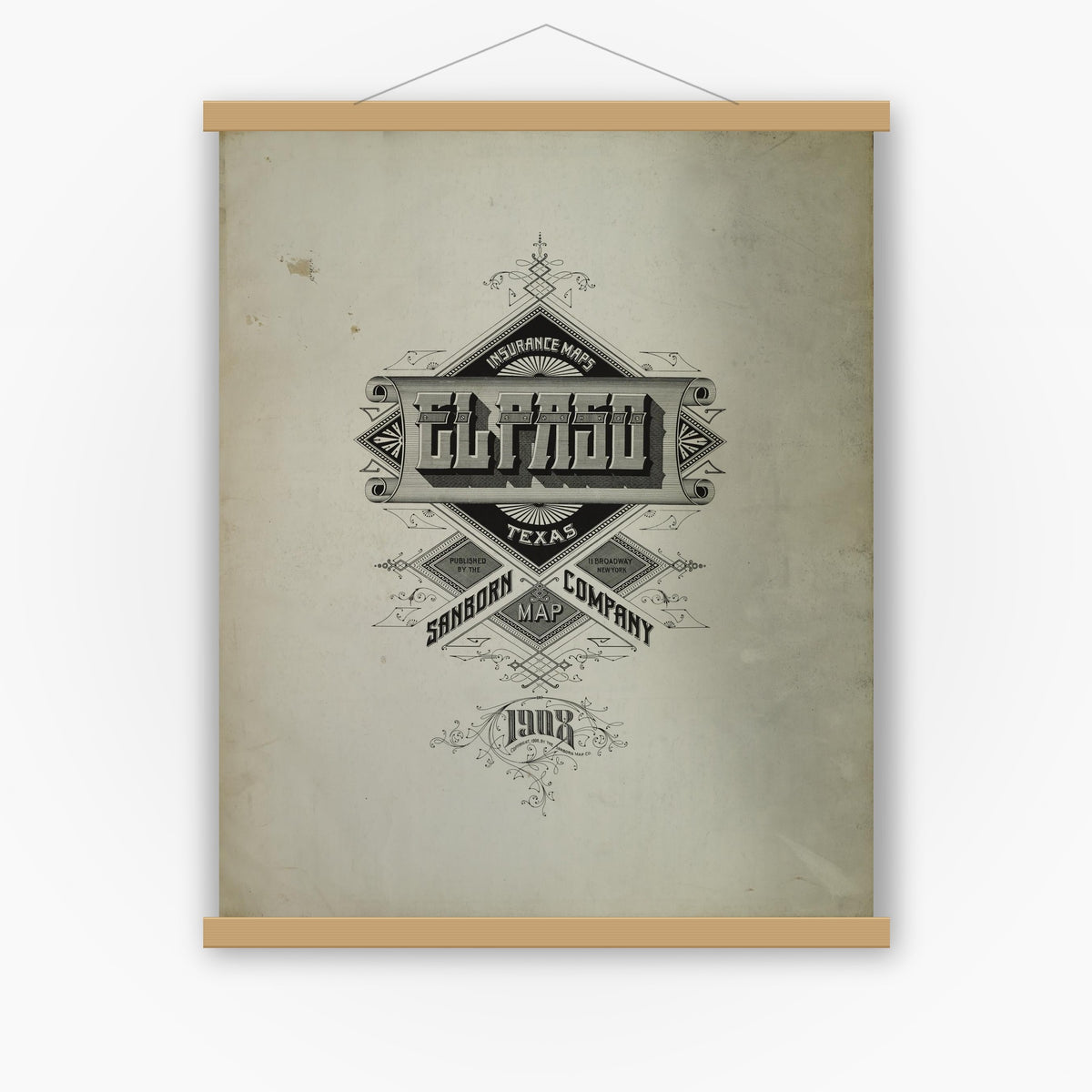 Old map wall art mockup — magnetic wood frame on white wall — Sanborn Fire Insurance Map from El Paso, El Paso County, Texas (1908), Sheet #0001