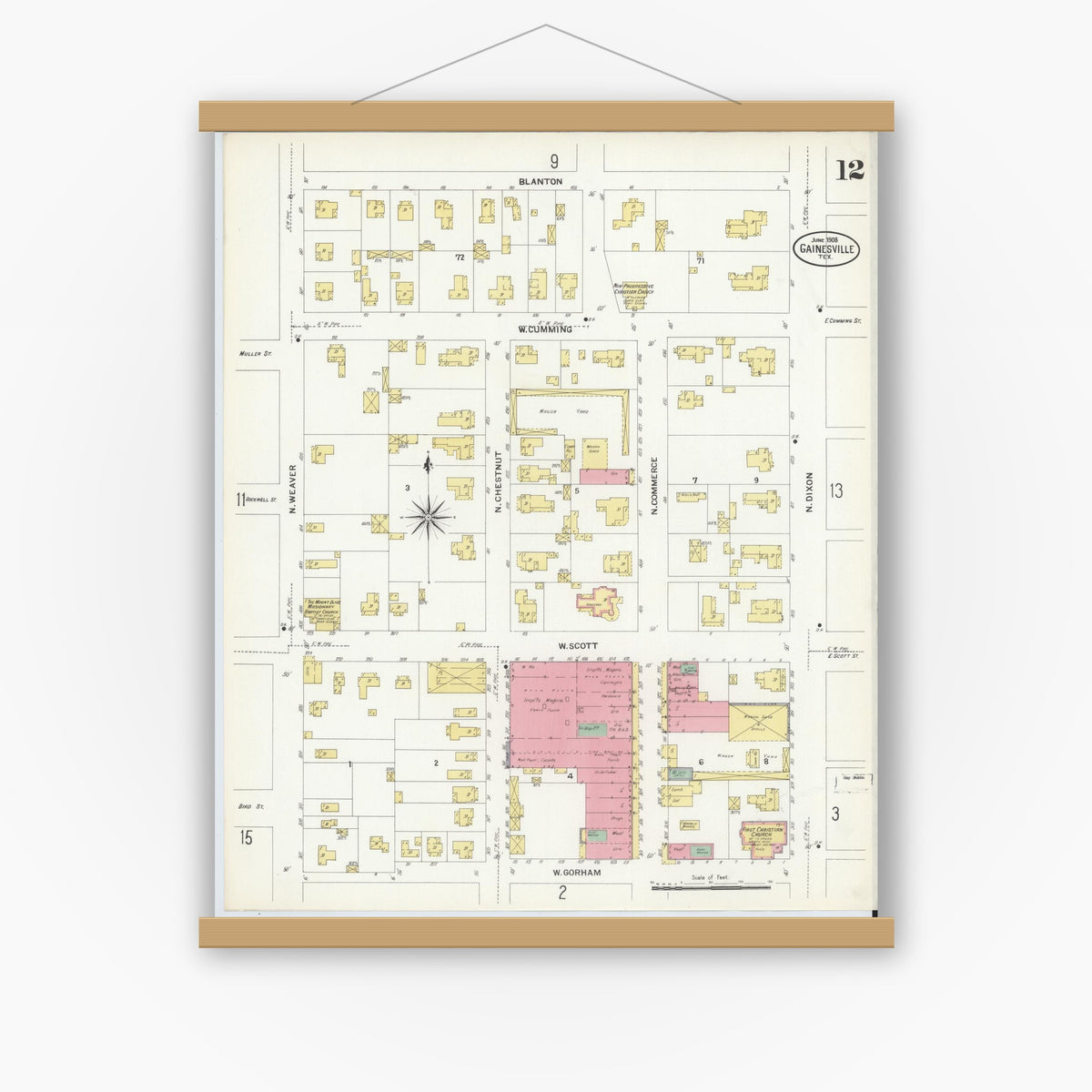 Old map wall art mockup — magnetic wood frame on white wall — Sanborn Fire Insurance Map from Gainesville, Cooke County, Texas (1908), Sheet #0012