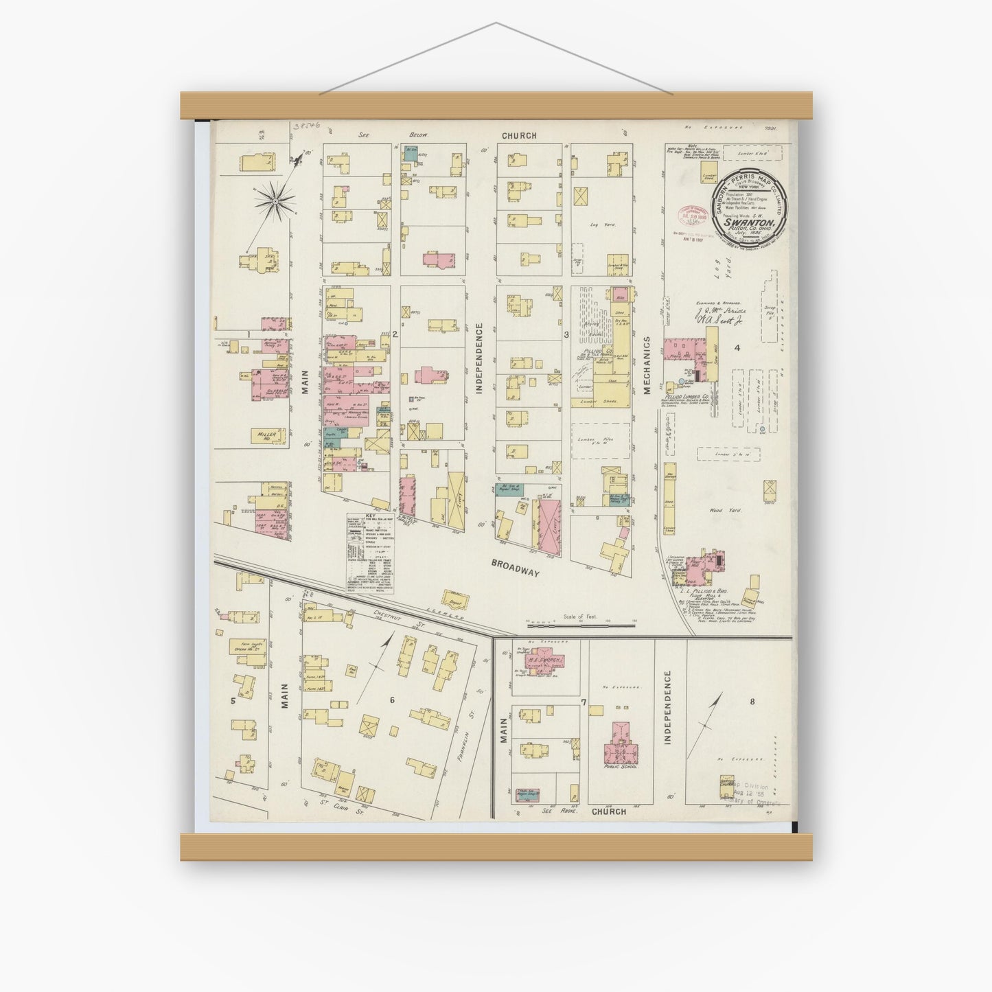 Old map wall art mockup — magnetic wood frame on white wall — Sanborn Fire Insurance Map from Swanton, Fulton County, Ohio (1895), Sheet #0001