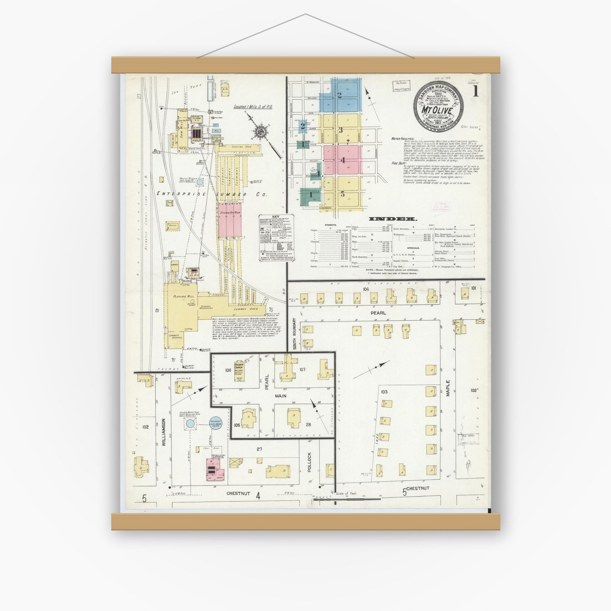 Old map wall art mockup — magnetic wood frame on white wall — Sanborn Fire Insurance Map from Mount Olive, Wayne County, North Carolina (1912), Sheet #0001