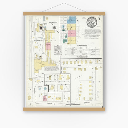 Old map wall art mockup — magnetic wood frame on white wall — Sanborn Fire Insurance Map from Mount Olive, Wayne County, North Carolina (1912), Sheet #0001