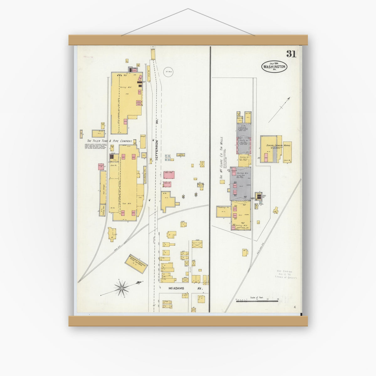 Old map wall art mockup — magnetic wood frame on white wall — Sanborn Fire Insurance Map from Washington, Washington County, Pennsylvania (1904), Sheet #0031