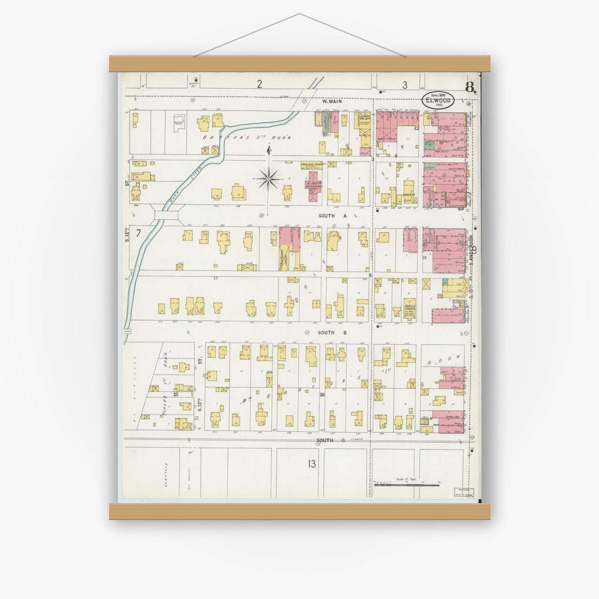 Old map wall art mockup — magnetic wood frame on white wall — Sanborn Fire Insurance Map from Elwood, Madison County, Indiana (1899), Sheet #0008