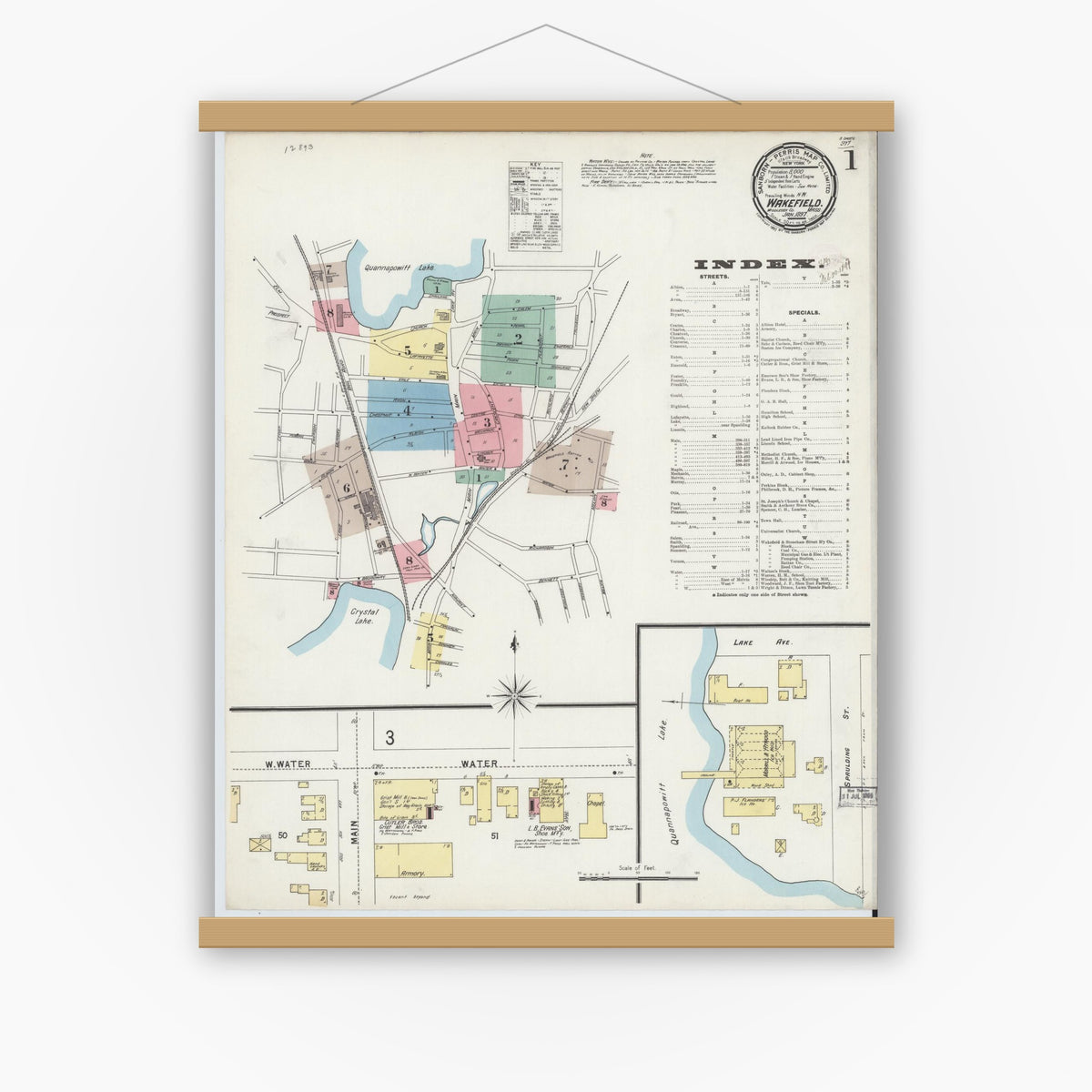 Old map wall art mockup — magnetic wood frame on white wall — Sanborn Fire Insurance Map from Wakefield, Middlesex County, Massachusetts (1897) - Complete Map Set