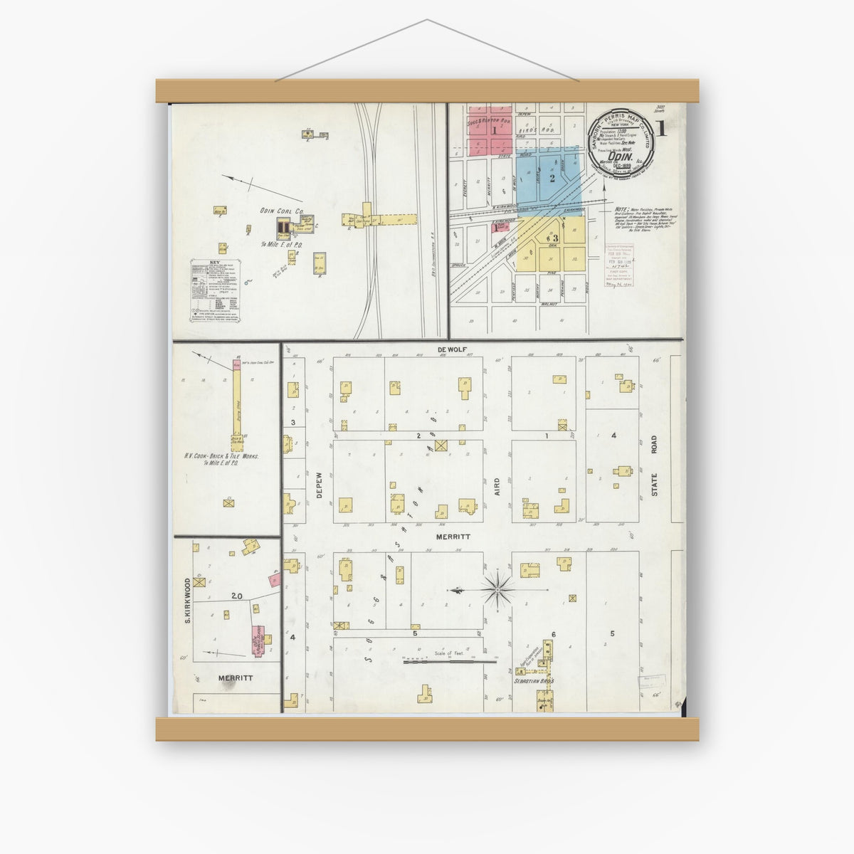 Old map wall art mockup — magnetic wood frame on white wall — Sanborn Fire Insurance Map from Odin, Marion County, Illinois (1899) - Complete Map Set